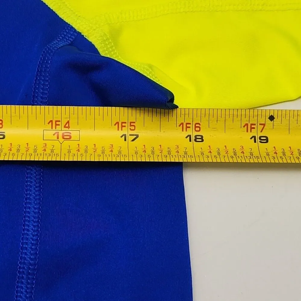Lands End Rash Guard Swim Shirt Blue Yellow Short Sleeve Boy Youth XL 14-16 Mock